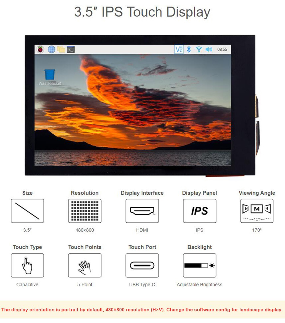Pi Display - 3,5-calowy pojemnościowy wyświetlacz dotykowy IPS LCD,
